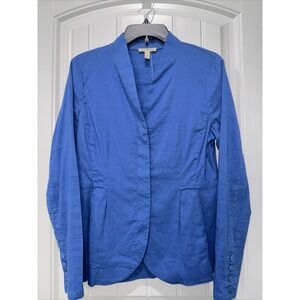 Eileen Fisher Linen Stretch Blazer Jacket Small Zip Front Long Sleeve Blue